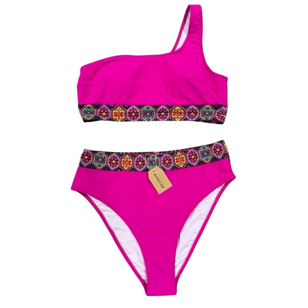 Hilinker One Shoulder Bikini Set Pink Tribal Trim High Waisted Large‎
